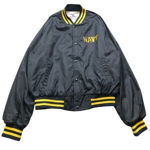 Vintage 80s Chalk Line US Navy Bomber Jacket Mens Large Snap Button Navy Yellow